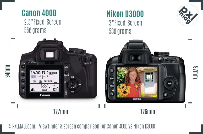 Canon 400D vs Nikon D3000 Screen and Viewfinder comparison