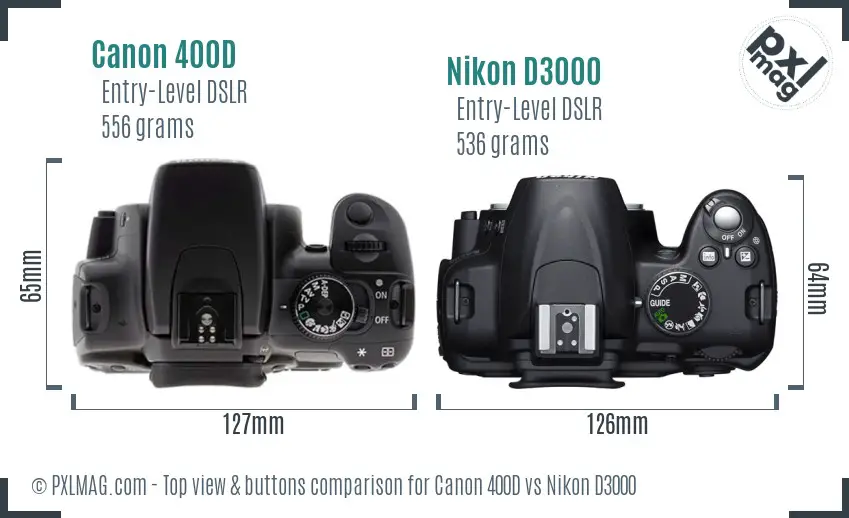 Canon 400D vs Nikon D3000 top view buttons comparison
