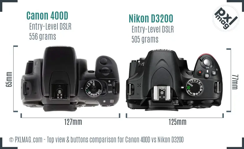 Canon 400D vs Nikon D3200 top view buttons comparison
