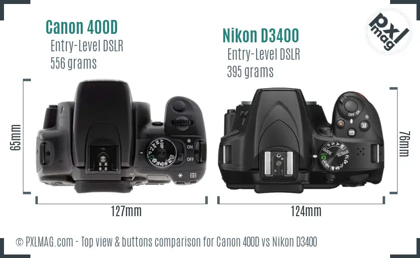 Canon 400D vs Nikon D3400 top view buttons comparison