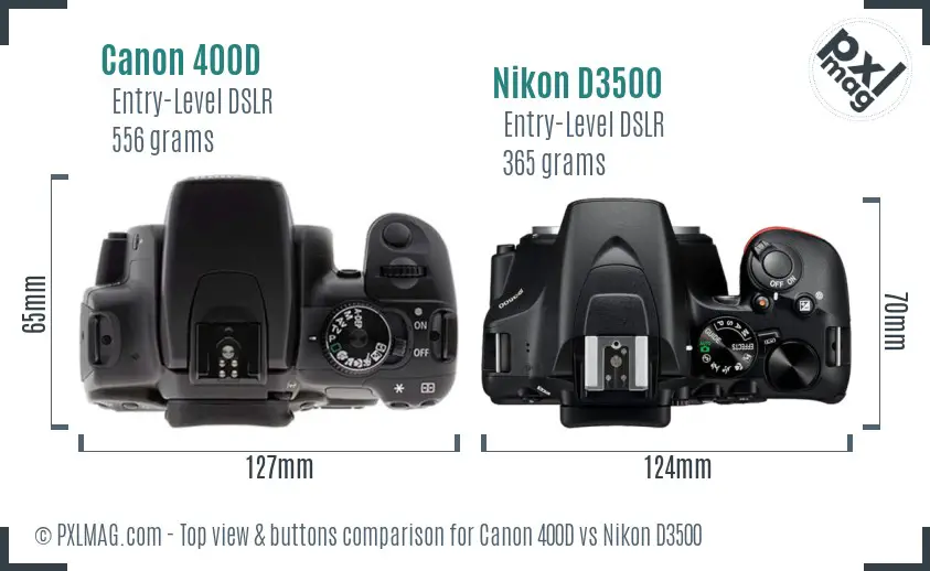 Canon 400D vs Nikon D3500 top view buttons comparison