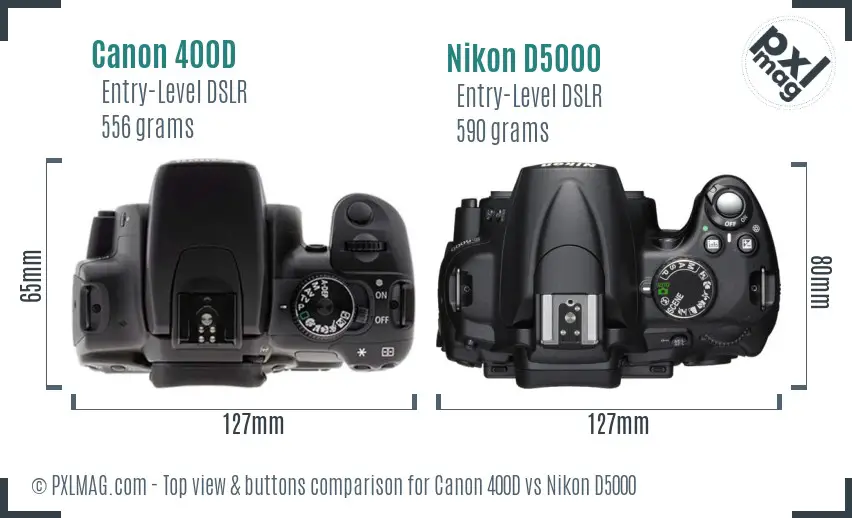 Canon 400D vs Nikon D5000 top view buttons comparison