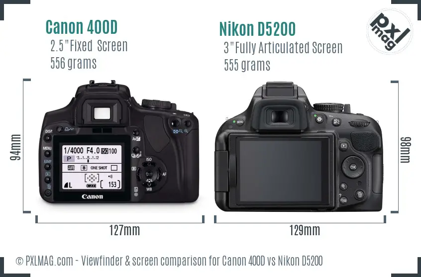 Canon 400D vs Nikon D5200 Screen and Viewfinder comparison