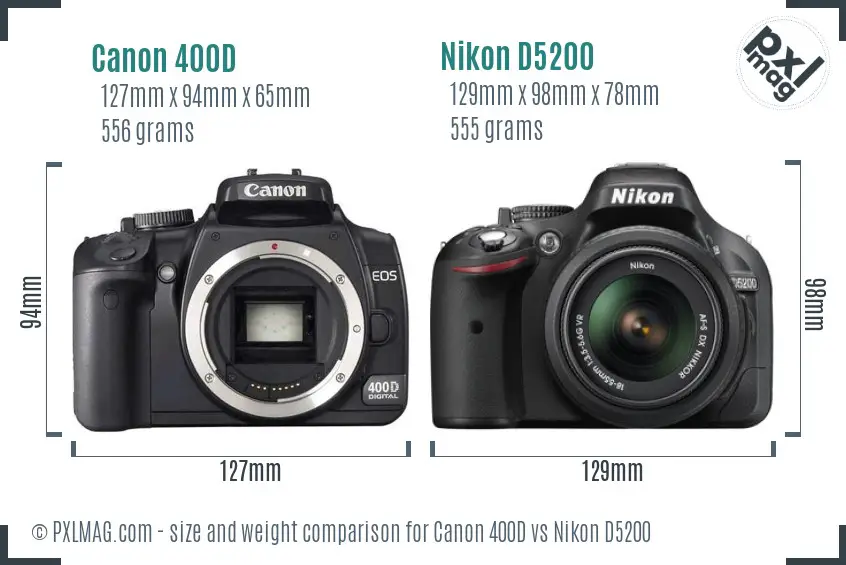 Canon 400D vs Nikon D5200 size comparison