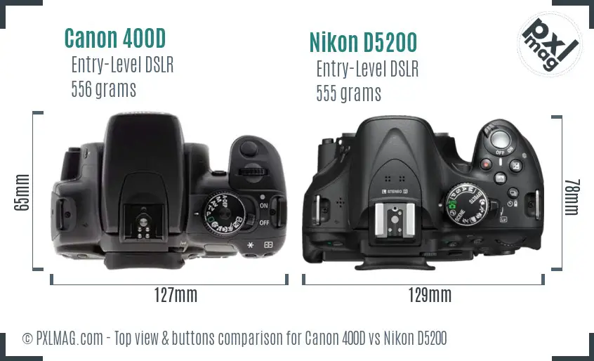 Canon 400D vs Nikon D5200 top view buttons comparison