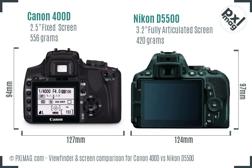Canon 400D vs Nikon D5500 Screen and Viewfinder comparison