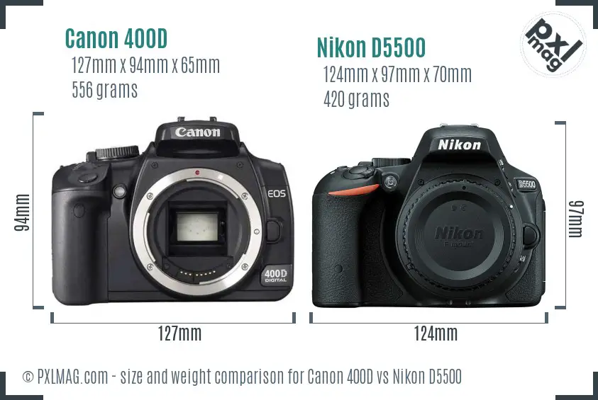 Canon 400D vs Nikon D5500 size comparison