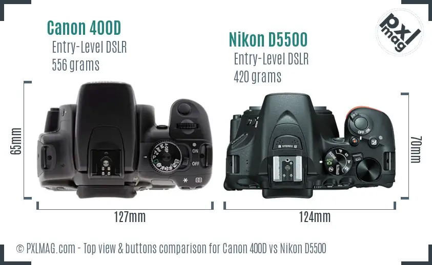 Canon 400D vs Nikon D5500 top view buttons comparison