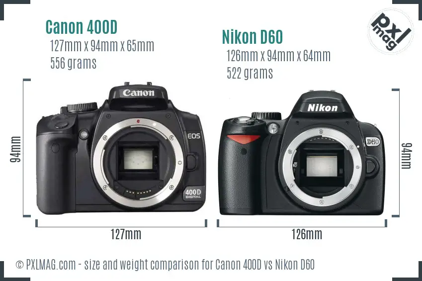 Canon 400D vs Nikon D60 size comparison