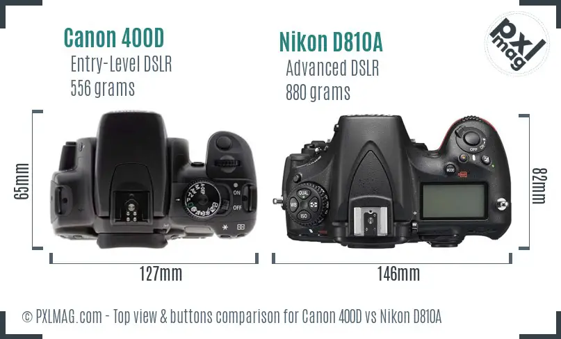 Canon 400D vs Nikon D810A top view buttons comparison