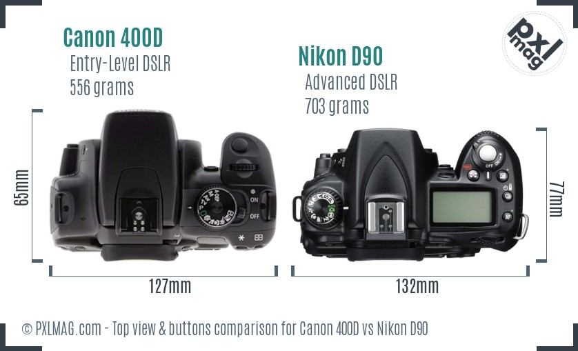 Canon 400D vs Nikon D90 top view buttons comparison