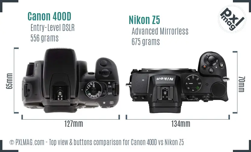Canon 400D vs Nikon Z5 top view buttons comparison Canon 400D vs Nikon Z5 top view buttons comparison