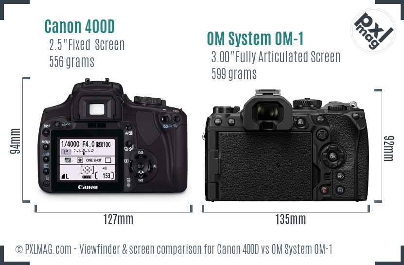 Canon 400D vs OM System OM-1 Screen and Viewfinder comparison