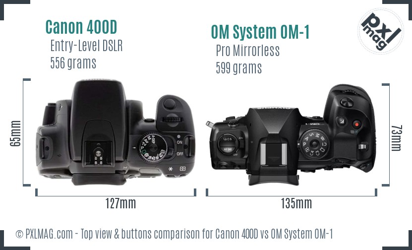 Canon 400D vs OM System OM-1 top view buttons comparison