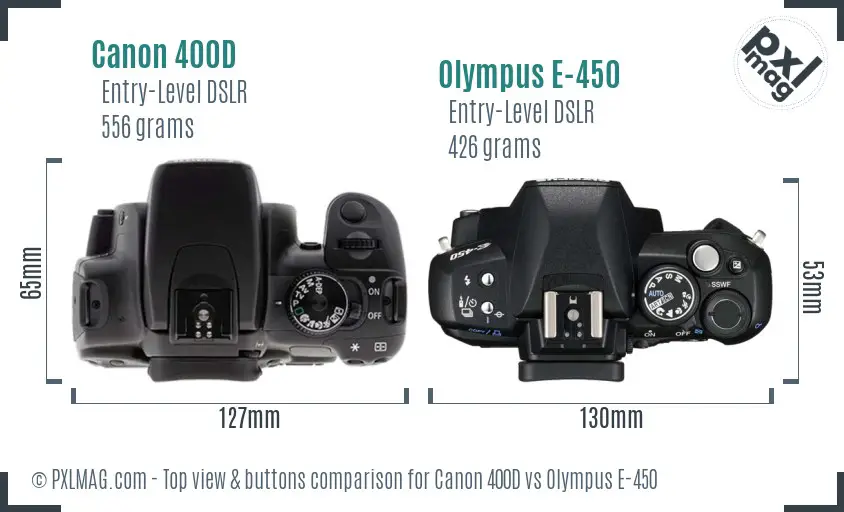 Canon 400D vs Olympus E-450 top view buttons comparison