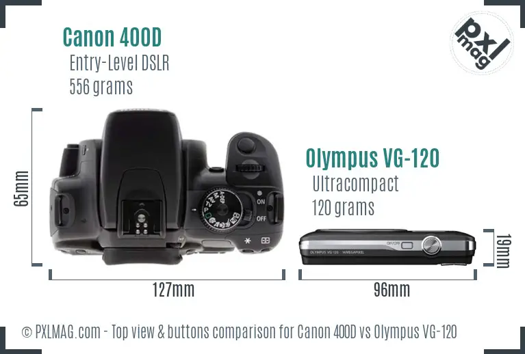 Canon 400D vs Olympus VG-120 top view buttons comparison Canon 400D vs Olympus VG-120 top view buttons comparison