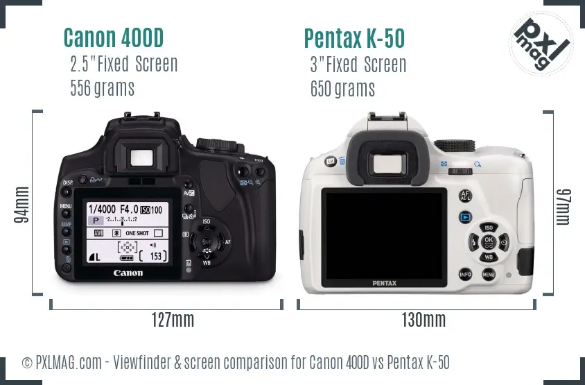 Canon 400D vs Pentax K-50 Screen and Viewfinder comparison