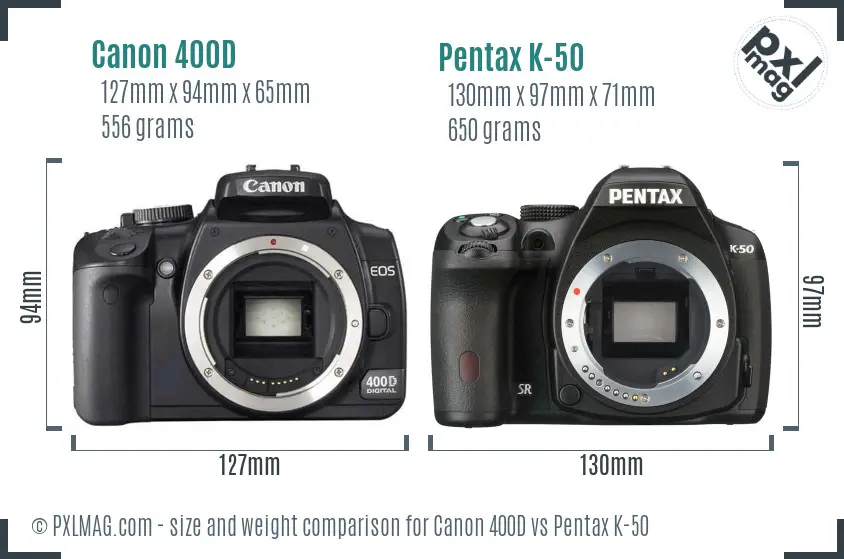 Canon 400D vs Pentax K-50 size comparison