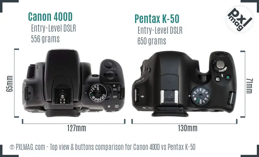 Canon 400D vs Pentax K-50 top view buttons comparison