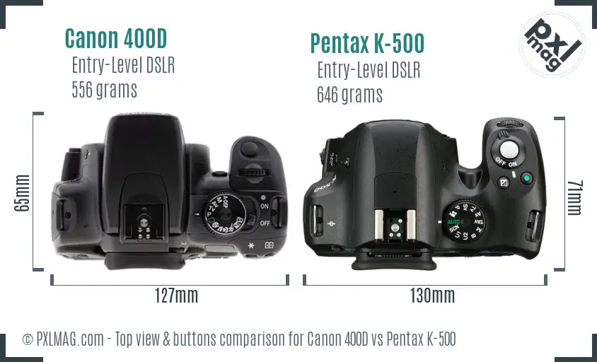 Canon 400D vs Pentax K-500 top view buttons comparison