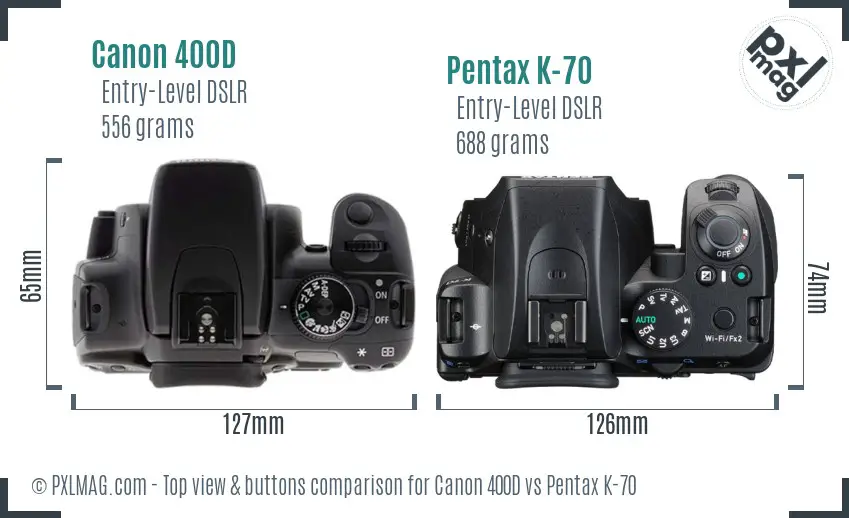 Canon 400D vs Pentax K-70 top view buttons comparison