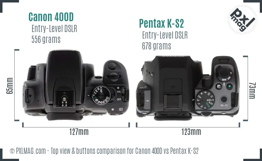 Canon 400D vs Pentax K-S2 top view buttons comparison