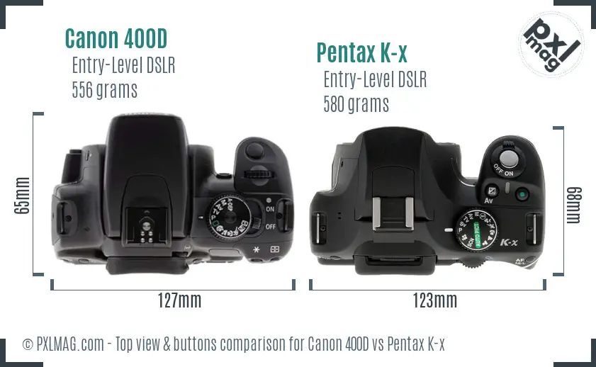 Canon 400D vs Pentax K-x top view buttons comparison