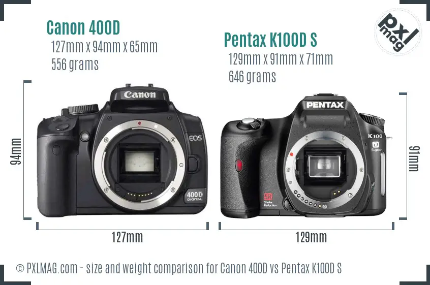 Canon 400D vs Pentax K100D S size comparison