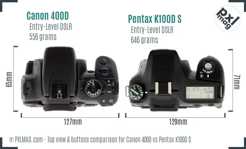 Canon 400D vs Pentax K100D S top view buttons comparison