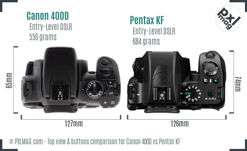 Canon 400D vs Pentax KF top view buttons comparison