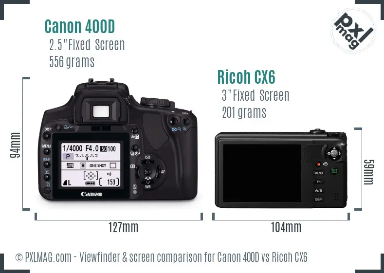 Canon 400D vs Ricoh CX6 Screen and Viewfinder comparison