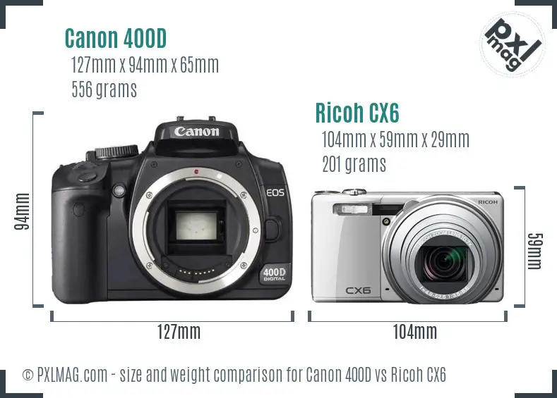 Canon 400D vs Ricoh CX6 size comparison