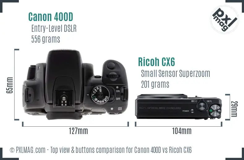 Canon 400D vs Ricoh CX6 top view buttons comparison