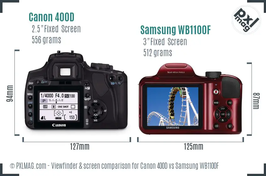 Canon 400D vs Samsung WB1100F Screen and Viewfinder comparison