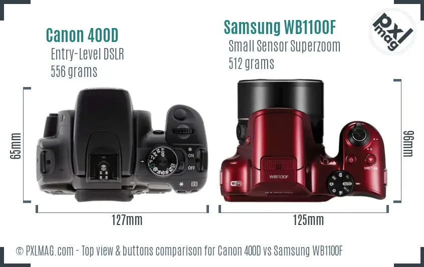 Canon 400D vs Samsung WB1100F top view buttons comparison