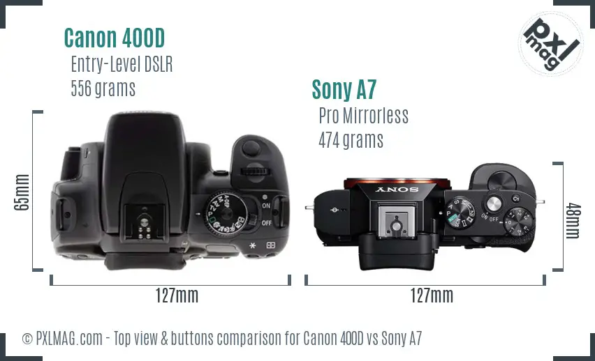 Canon 400D vs Sony A7 top view buttons comparison