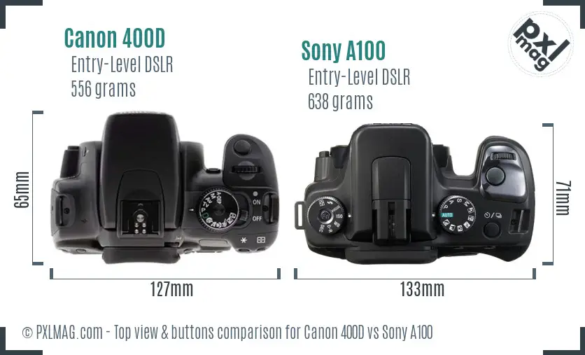 Canon 400D vs Sony A100 top view buttons comparison