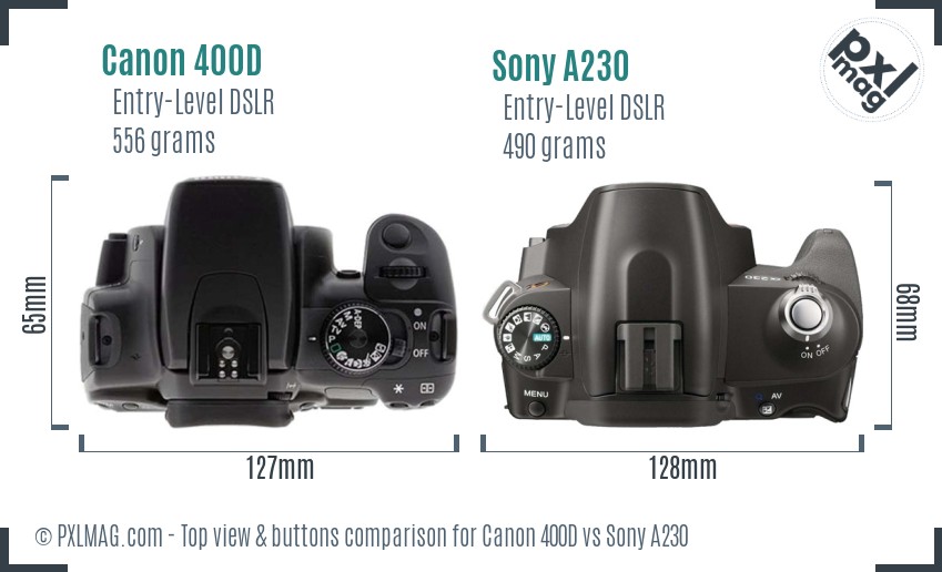 Canon 400D vs Sony A230 top view buttons comparison