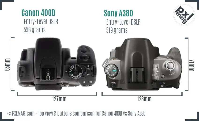Canon 400D vs Sony A380 top view buttons comparison