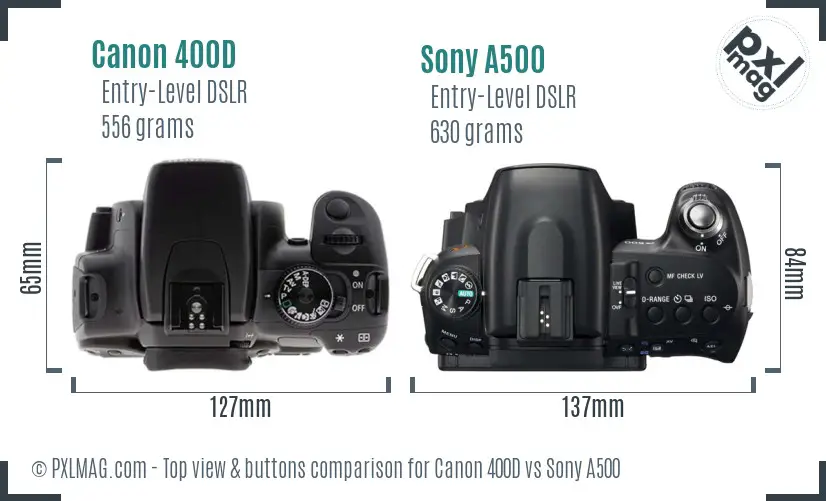 Canon 400D vs Sony A500 top view buttons comparison