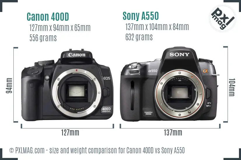 Canon 400D vs Sony A550 size comparison