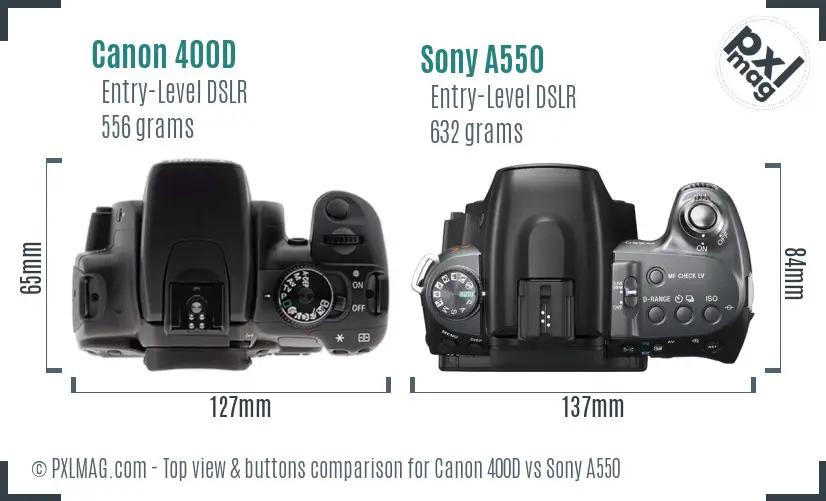 Canon 400D vs Sony A550 top view buttons comparison