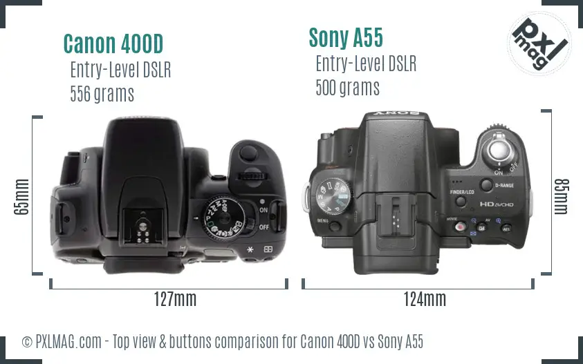 Canon 400D vs Sony A55 top view buttons comparison