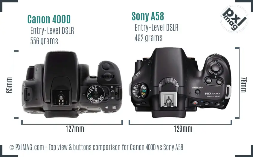 Canon 400D vs Sony A58 top view buttons comparison