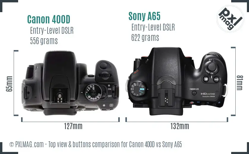 Canon 400D vs Sony A65 top view buttons comparison