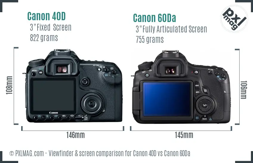 Canon 40D vs Canon 60Da Screen and Viewfinder comparison