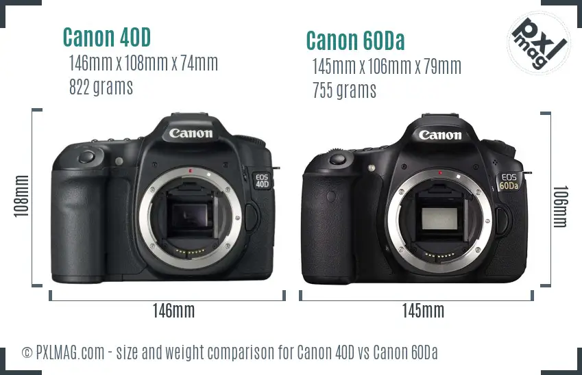 Canon 40D vs Canon 60Da size comparison