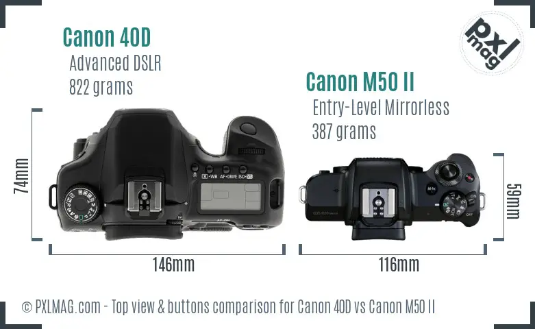 Canon 40D vs Canon M50 II top view buttons comparison Canon 40D vs Canon M50 II top view buttons comparison