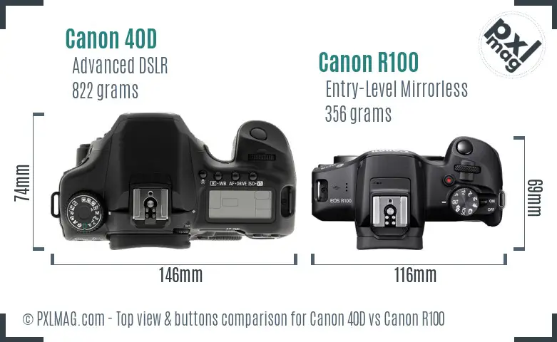 Canon 40D vs Canon R100 top view buttons comparison Canon 40D vs Canon R100 top view buttons comparison
