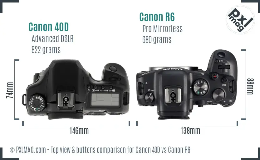 Canon 40D vs Canon R6 top view buttons comparison